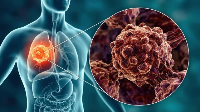 Human lung cancer cell anatomy with malignant tumor, suitable for medical presentation, oncology research, health education, hospital, and biology.