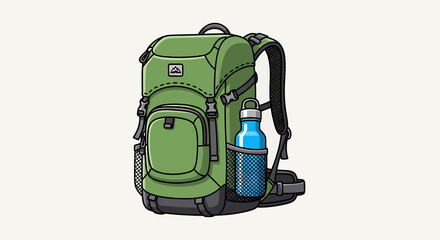 Naklejka premium Green Backpack with Water Bottle Ready for Adventure and Hiking.