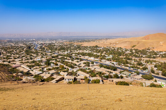 Kulob city aerial panoramic view in southern Tajikistan