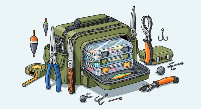 Green bag with fishing tackle tools.