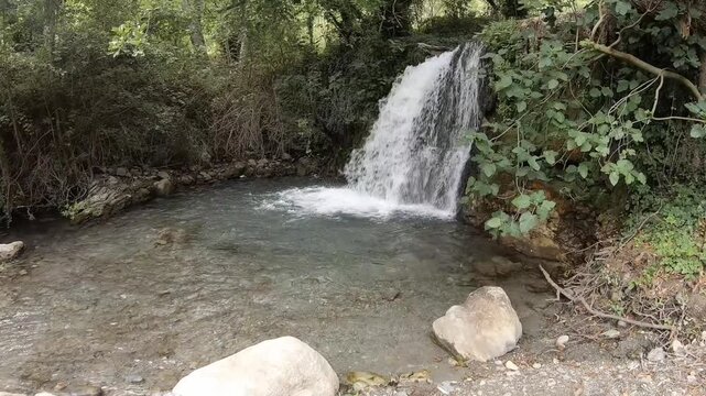 Serene Waterfall and Rocky Pool in Lush Green Fiumefreddo Bruzio