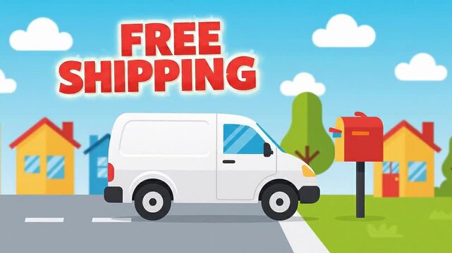Free shipping van delivering packages in a suburban neighborhood concept for e-commerce and delivery services flat vector illustration