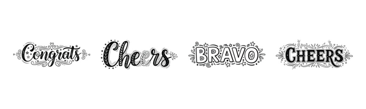 Congrats cheers bravo cheers text design set with decorative elements