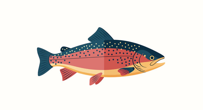 Illustration of a single trout fish swimming isolated on white background.
