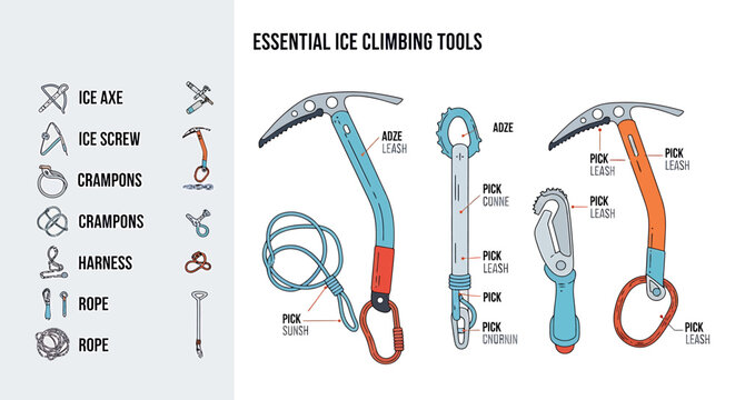 Ice climbing tools and equipment set.