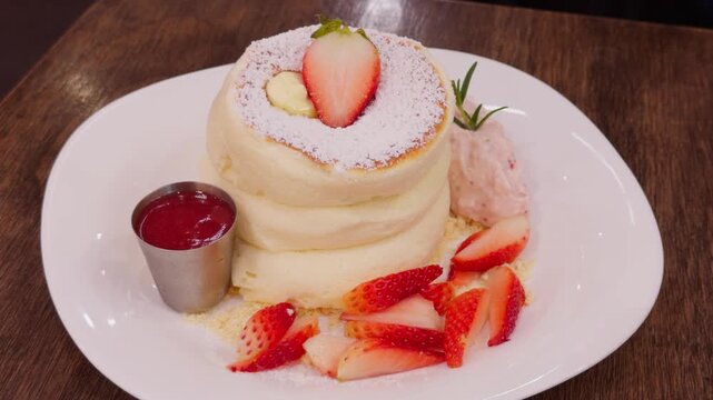 Japanese Souffle Pancake with Strawberry Dessert Plate - Fluffy Cafe Dessert Fresh Fruit Pink Ice Cream