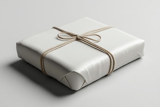 White gift package wrapped in paper tied with rustic rope minimal background simple design clean presentation elegant concept branding mockup