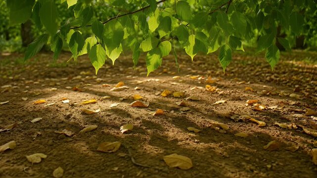 Sun-drenched forest floor with lush green leaves, golden sunlight filtering through tree branches, peaceful woodland ground with scattered autumn leaves