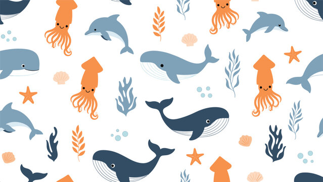Cheerful sea life pattern shows happy blue dolphins, dark whales, and orange squids swimming through white water with starfish and shells.