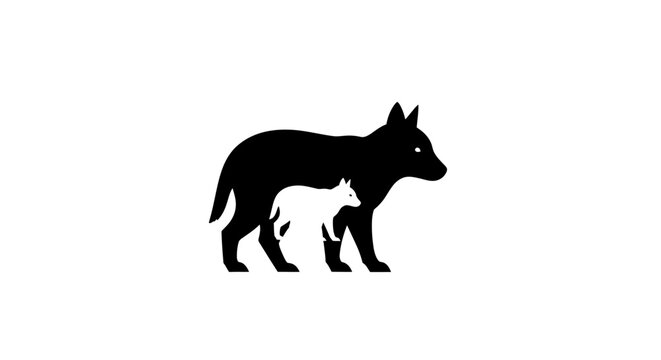A silhouette of a mother wolf and her cub walking together in a minimalist design