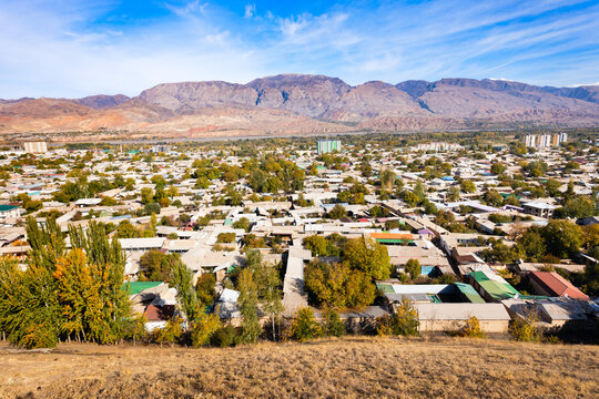 Penjikent city aerial panoramic view in Tajikistan