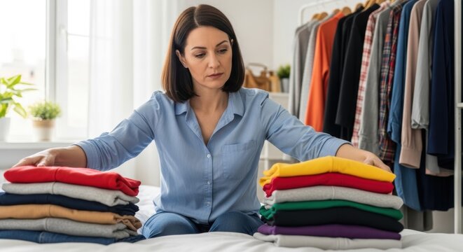 woman organizing colorful folded clothes on a bed in a bright room