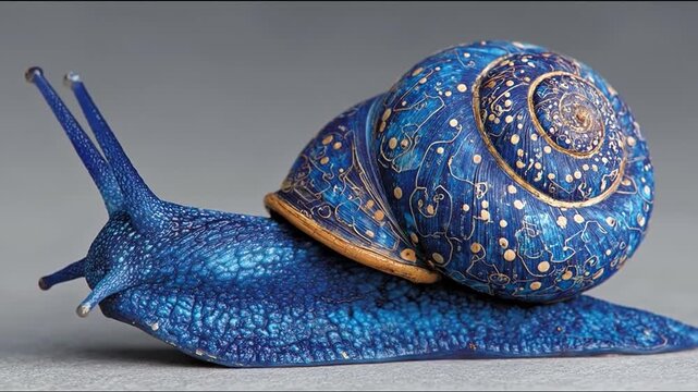 Artistic snail sculpture with intricate blue shell details on display