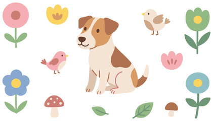 Fototapeta premium Cute Jack Russell puppy with colorful spring flowers, birds, and mushrooms, flat vector illustration.