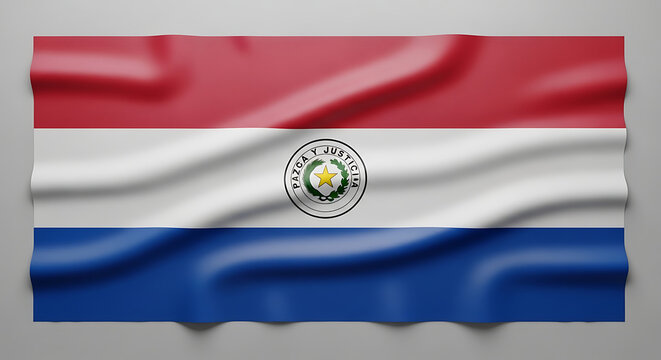 Waving flag of Paraguay, red white and blue horizontal stripes with national emblem, draped fabric on neutral background