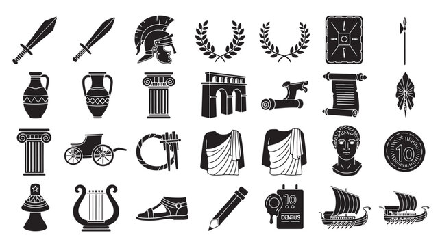 Ancient Greek and Roman history icons set, 28 black silhouette vector elements of classical antiquity, mythology and gladiator equipment