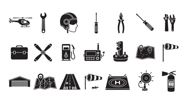 Aviation and helicopter maintenance icons set, 21 black vector symbols for pilot equipment and hangar tools, aircraft repair and flight navigation elements