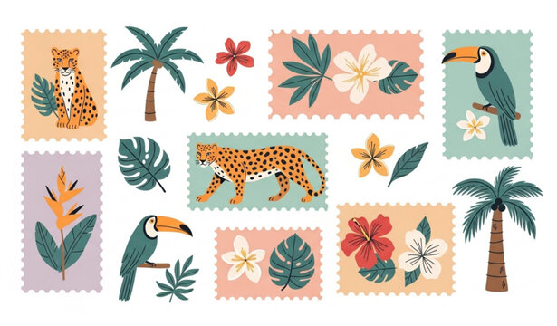 Tropical jungle sticker set with mosaic layout leopard birds flowers and modern postage stamp design