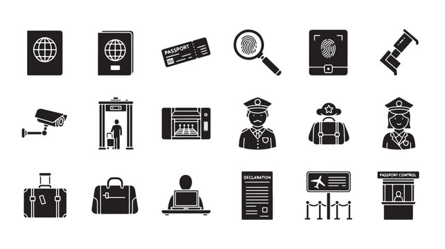 Airport security and passport control icon set, 18 black solid vector symbols, customs and immigration border check elements for travel infographics