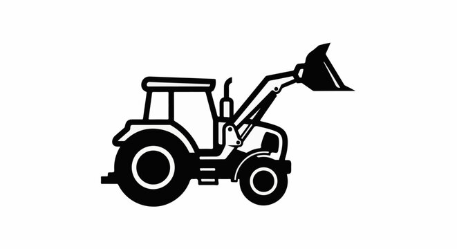 Black and white icon of a tractor with a front loader