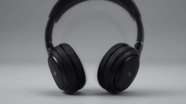 Black wireless headphones on grey background, professional over-ear headset for music and gaming, modern matte audio equipment for studio use