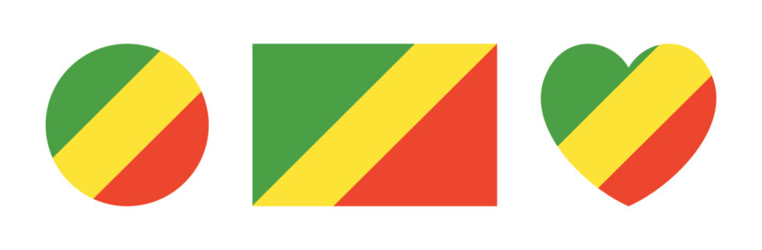 Republic of the Congo heart, rectangular, round flag icon, sticker set. National Flag circle, rectangle, heart shaped badge, button. Flag Republic Congo banner, background.