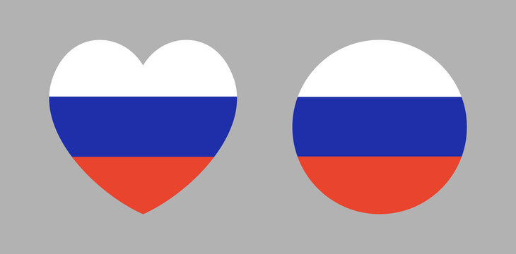 Russia flag in heart shaped, circle shape icon, sticker, badge. National symbol of Russia heart, round button, banner set. Russian flag background.