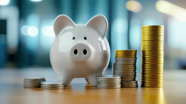 White piggy bank and stacks of coins on wooden table in bright office