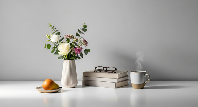 Still life arrangement with a vase of flowers, a pear on a decorative plate, and a steaming cup of coffee next to a stack of books, calm mood, soft lighting