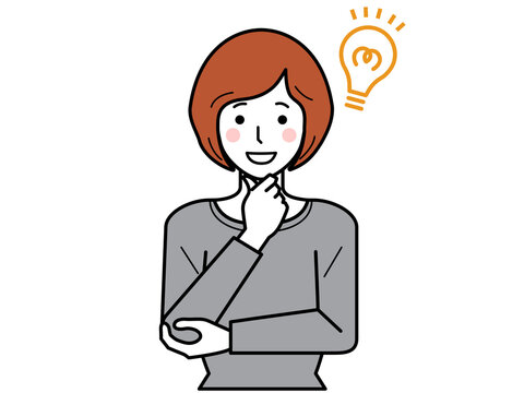 正面向き。あごに手をあて、ひらめき顔のカットソーの若い女性。その2