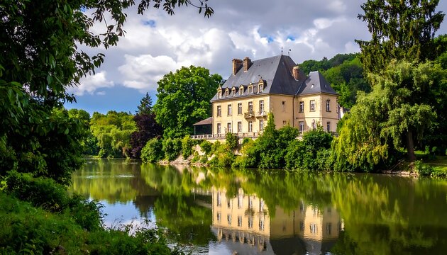 A large tan chateau with a slate roof surrounded by lush greenery and reflected in a serene lake under a cloudy sky