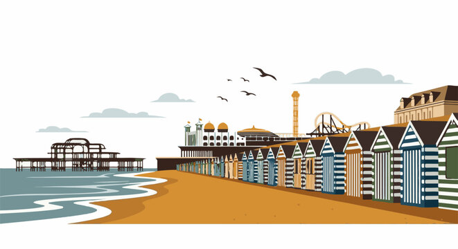 Beach huts line a sandy shore, with piers and amusement rides in the background