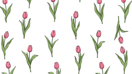 Obraz premium Charming seamless pattern of pink tulips with slender green leaves scattered elegantly over a clean white background.