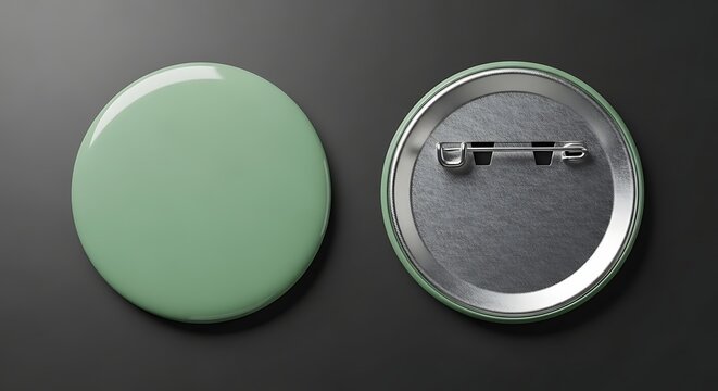 Two blank, round, light green button badges shown from the front and back, isolated on a dark gray background.