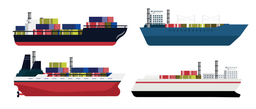 Set of sea cargo ships of different shapes in cartoon style. Vector illustration of container ships with decks, tanks for transportation, delivery of various cargo isolated on white background.