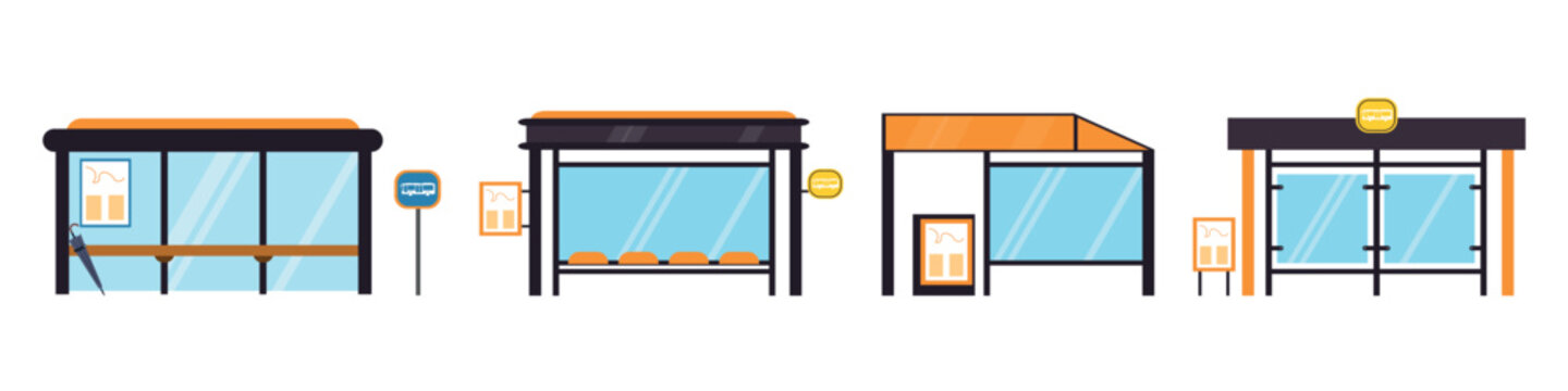 Set of city bus stops in cartoon style. Vector illustration of different types of stops for passengers, canopies, public transport timetable maps, road signs, seats isolated on white background.