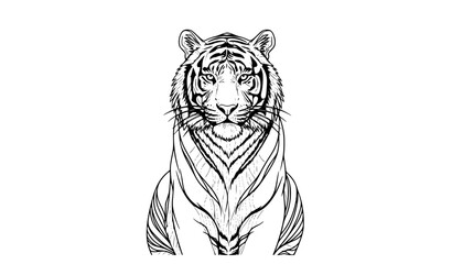 Obraz premium SEO Title: Majestic Tiger Sitting Front View Detailed Line Art Coloring Page Vector Illustration