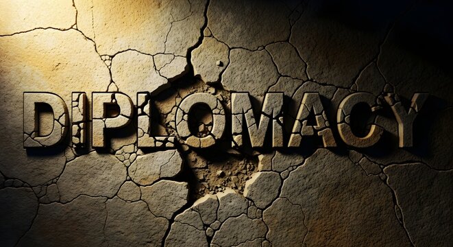 Word diplomacy carved in stone with deep cracks and damage under dramatic side lighting effects.