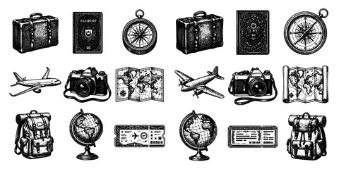 Travel Essentials Engraving Icon Collection © Gabut Stock
