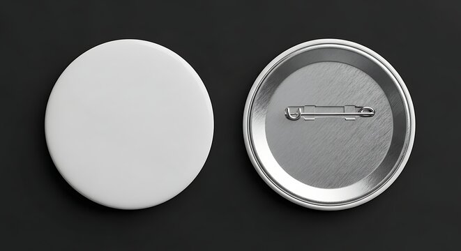 Two blank white circular badges, one showing the front and the other the back with a pin mechanism.