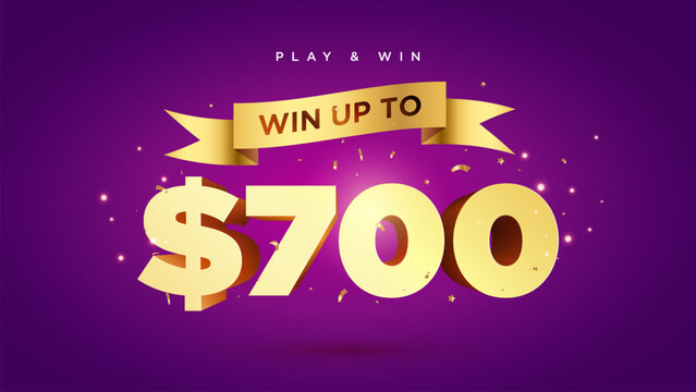 Play and win up to $700 dollars text with ribbon confetti and bold typography on purple background for marketing and advertising campaigns