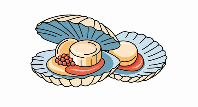 Two open scallops served in their shells with small red roe