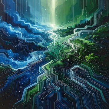 A futuristic digital landscape with glowing circuits