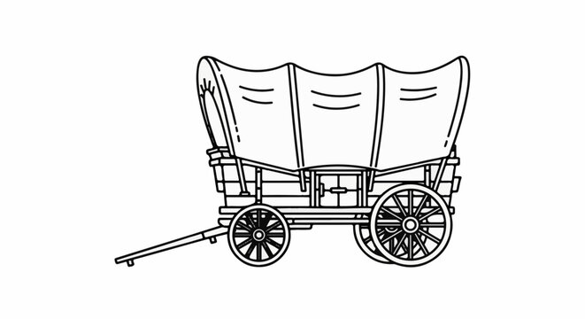 A detailed black and white line drawing of a classic covered wagon