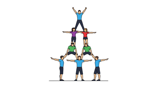 A group of diverse people forming a balanced human pyramid.