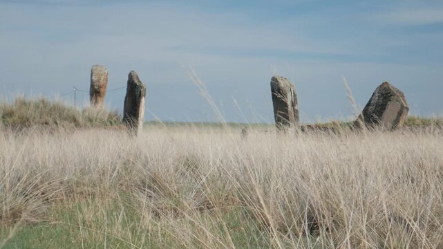 Handheld static shot of the ancient standing stones at the Great Salbyk Kurgan in Khakassia. The historic megaliths rise above the dry, swaying steppe grass in the Valley of the Kings under a pale sky