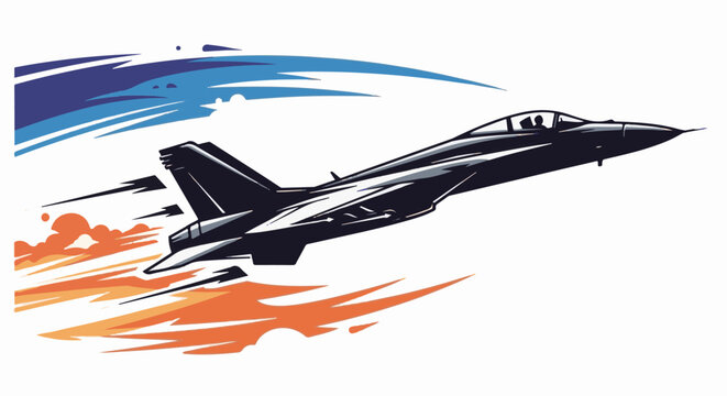 A dark fighter jet streaks across a white background, trailing orange fire