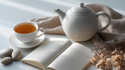 Fototapeta premium Serene morning ritual setup, featuring white teapot, warm tea, an open book, and natural stones. Perfect for quiet contemplation and mental