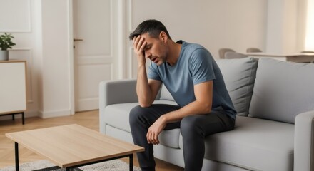 Obraz premium Stressed caucasian man sitting on sofa touching head. Frustrated guy feeling tired or depressed in living room. Mental health crisis, emotional burnout and life problem concept.