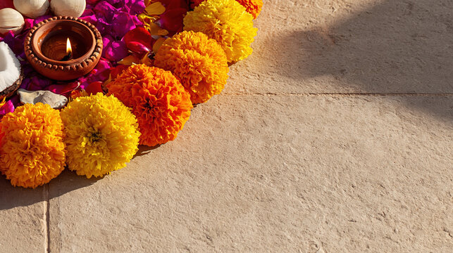 Vibrant display of traditional Indian festival offerings, including bright marigold flower and glowing clay diya lamp, evokes joy and spiritual